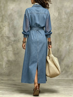 Women's Sheer Sleeve Slit Denim Maxi Dress
