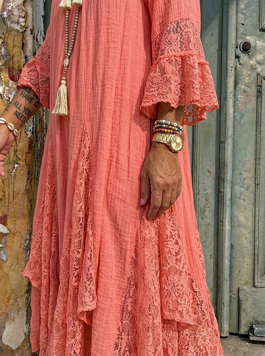 Women’s Lace Patch Flared Sleeve Cotton Linen Maxi Dress With Pockets