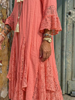 Women’s Lace Patch Flared Sleeve Cotton Linen Maxi Dress With Pockets