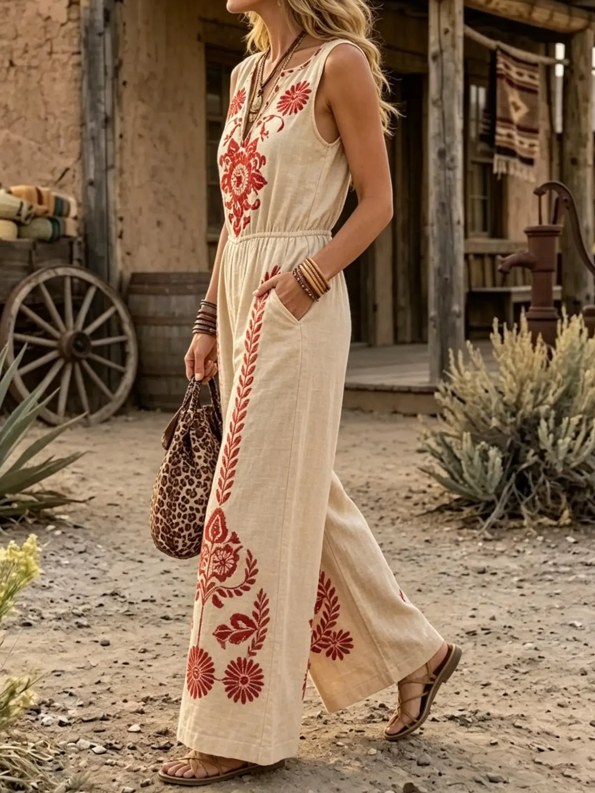 Floral Print Elastic Waist Wide Leg Jumpsuit