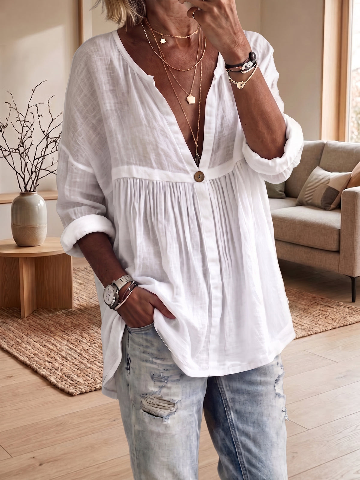 Women's Casual Loose Solid-color Long-sleeve Button-front Pullover Shirt