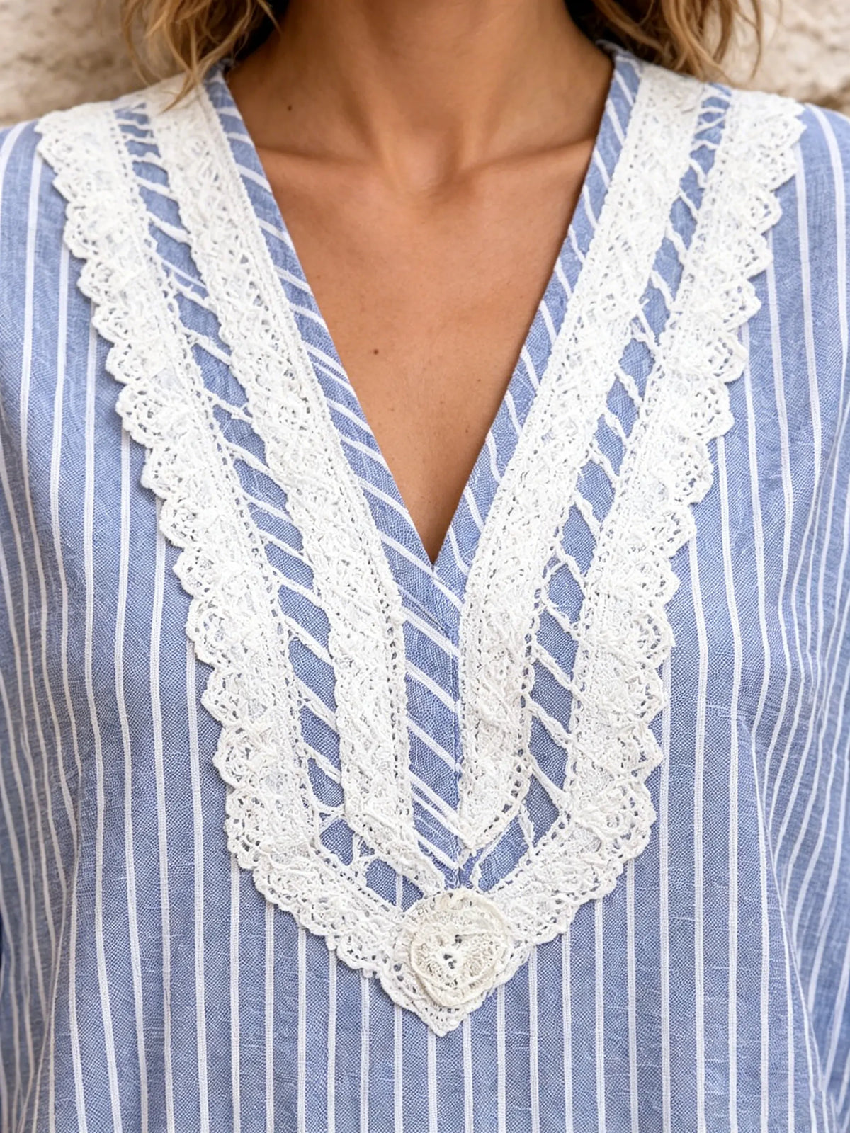 Women's Blue and White Striped Lace Patchwork Dress