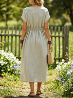 Women's Solid Crew Neck Drawstring Waist Dolman Short Sleeve Pocket Linen Midi Dress