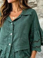 Women Solid Eyelet Ruffle Collar 3/4 Sleeve Linen Blouse