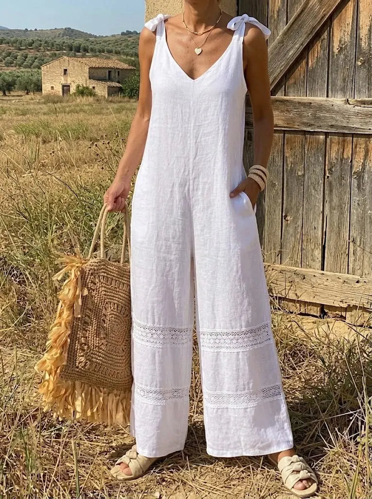 Ivory Crochet-Trim Wide Leg Jumpsuit