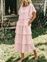 Women’s Ruffle Short Sleeve Tiered Linen Midi Dress, Loose Layered Casual Dress With Side Pockets