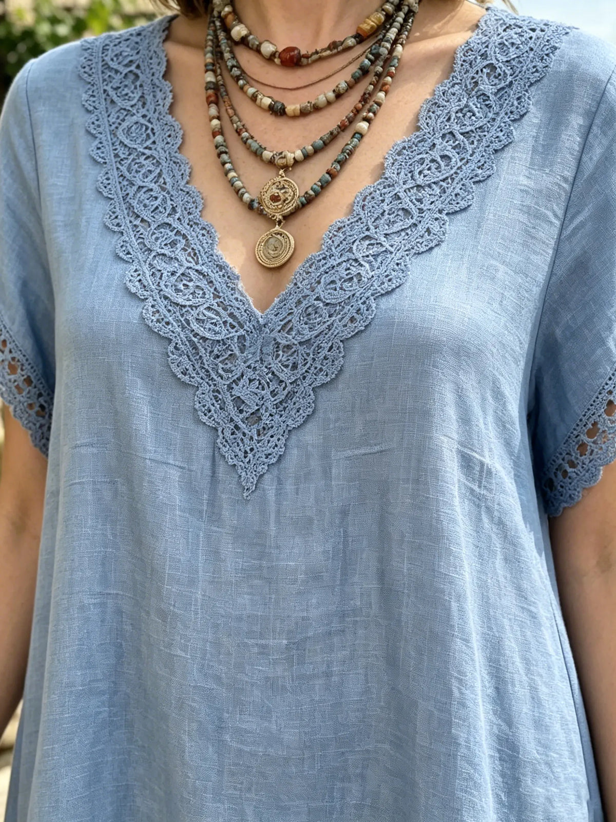 Women's Lace V-Neck Linen-Blend Dress