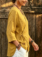 Women’s Mustard Yellow Wrap V Neck Linen Blouse, Side Tie 3/4 Sleeve Casual Shirt