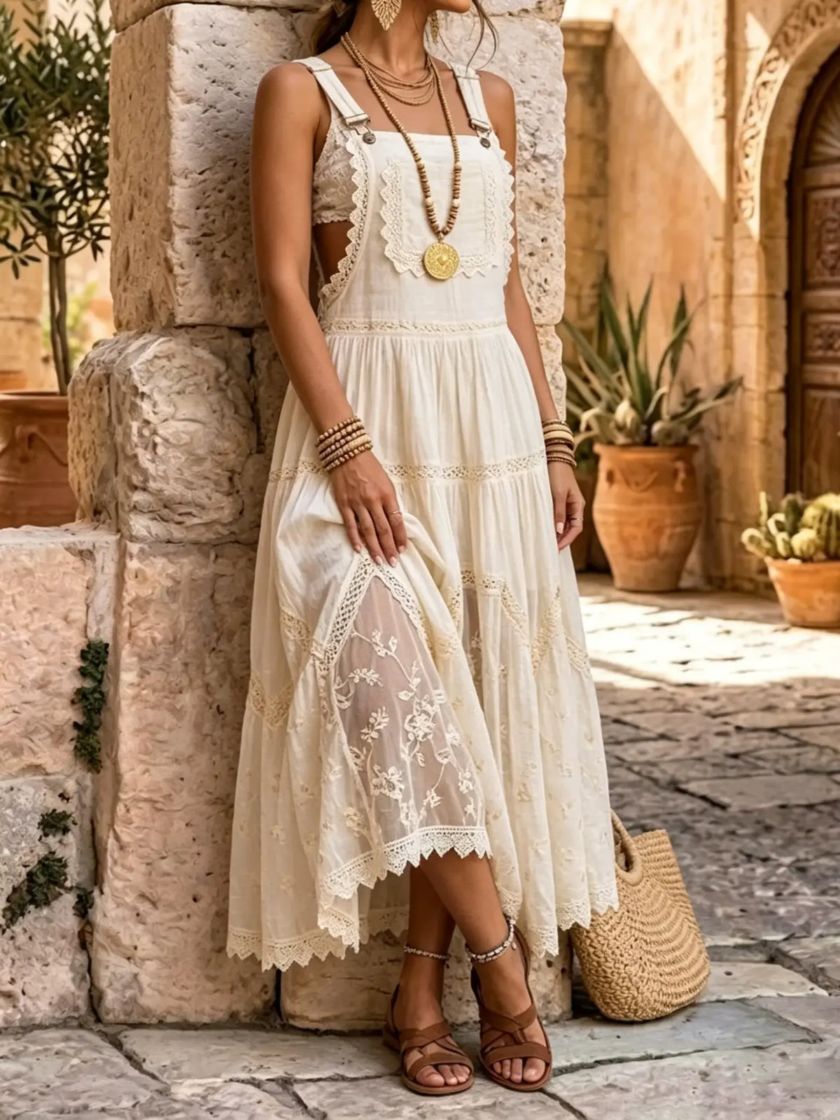 Women's Vintage Lace Tiered Overall Dress