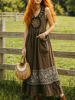 Women's Boho Sun Floral Embroidery Pocket Sleeveless Maxi Dress