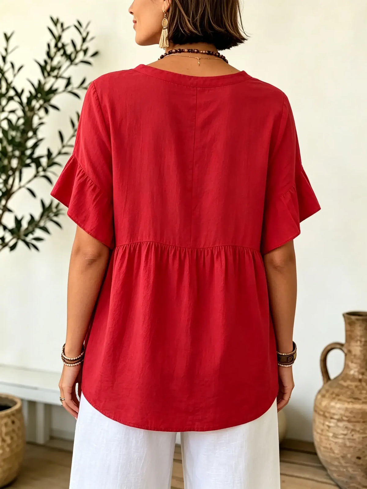 Women Solid Notch Neck Gathered Ruffle Short Sleeve Blouse
