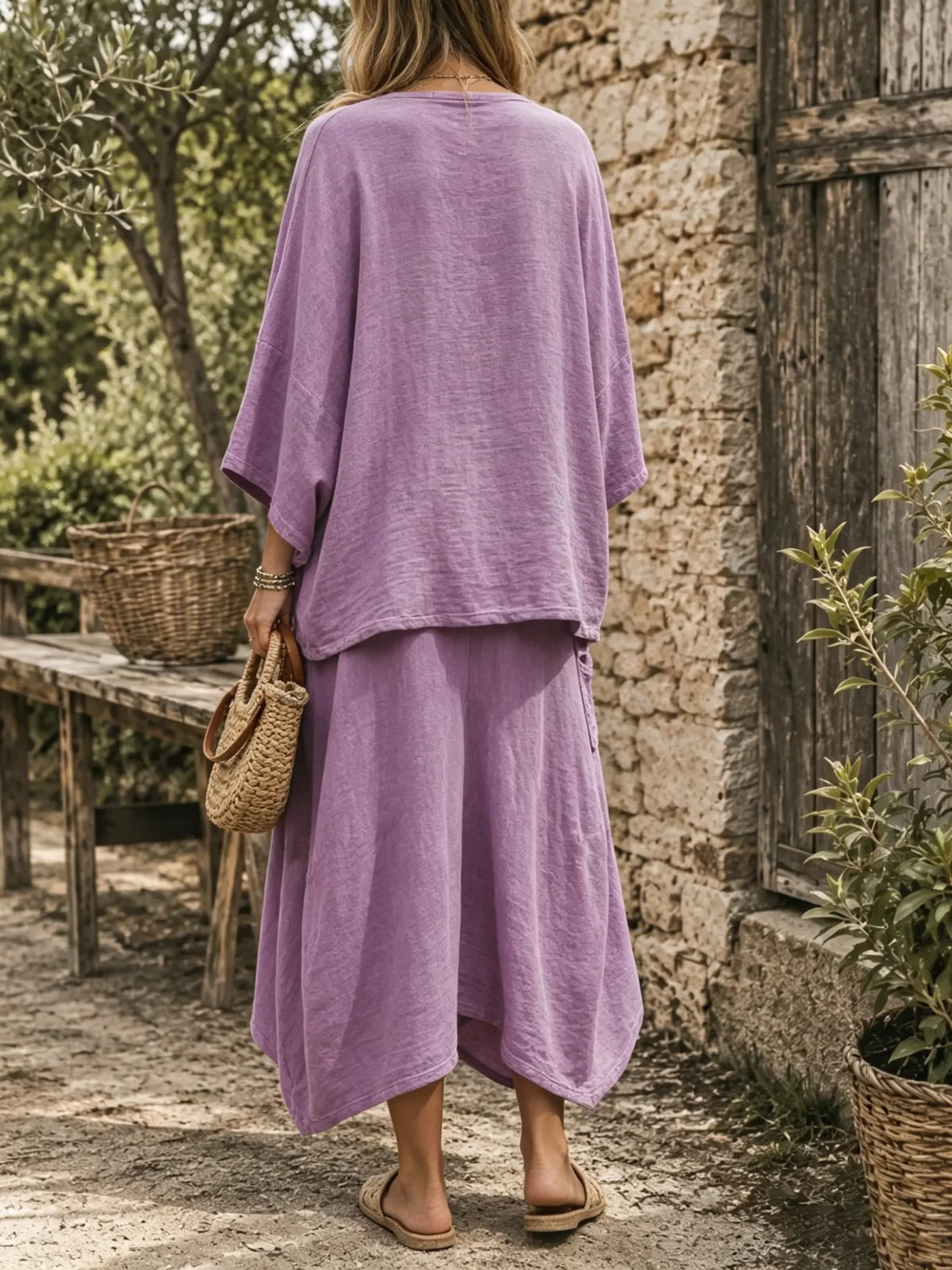 Women's Solid Textured Batwing Crop Top Drawstring Wide Leg Capri Pants Set