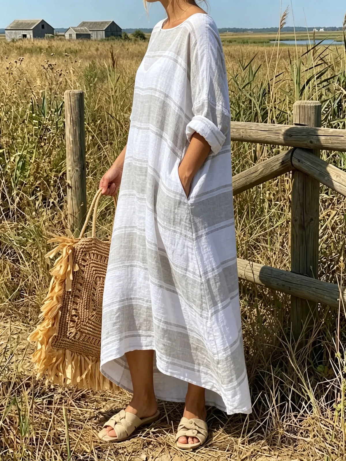 Coastal Breeze Striped Linen Maxi Dress