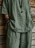 Womens 2 Piece Army Green Linen Matching Outfit 3/4 Sleeve Top & Harem Pants Set