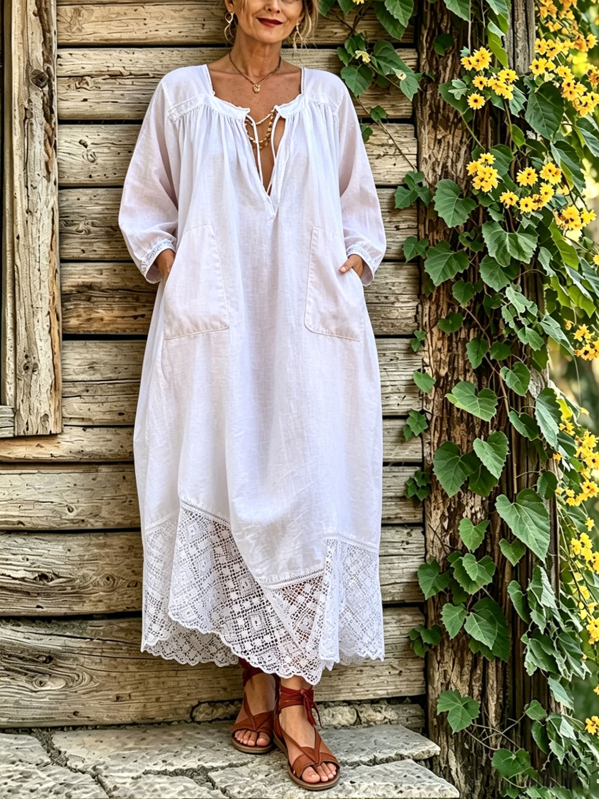 Women’s Casual Cotton Loose Long Sleeve V Neck Lace Paneling Pocket Dress