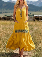Women's V-Neck Leaf Embroidery Spaghetti Strap Tiered Maxi Dress with Pockets