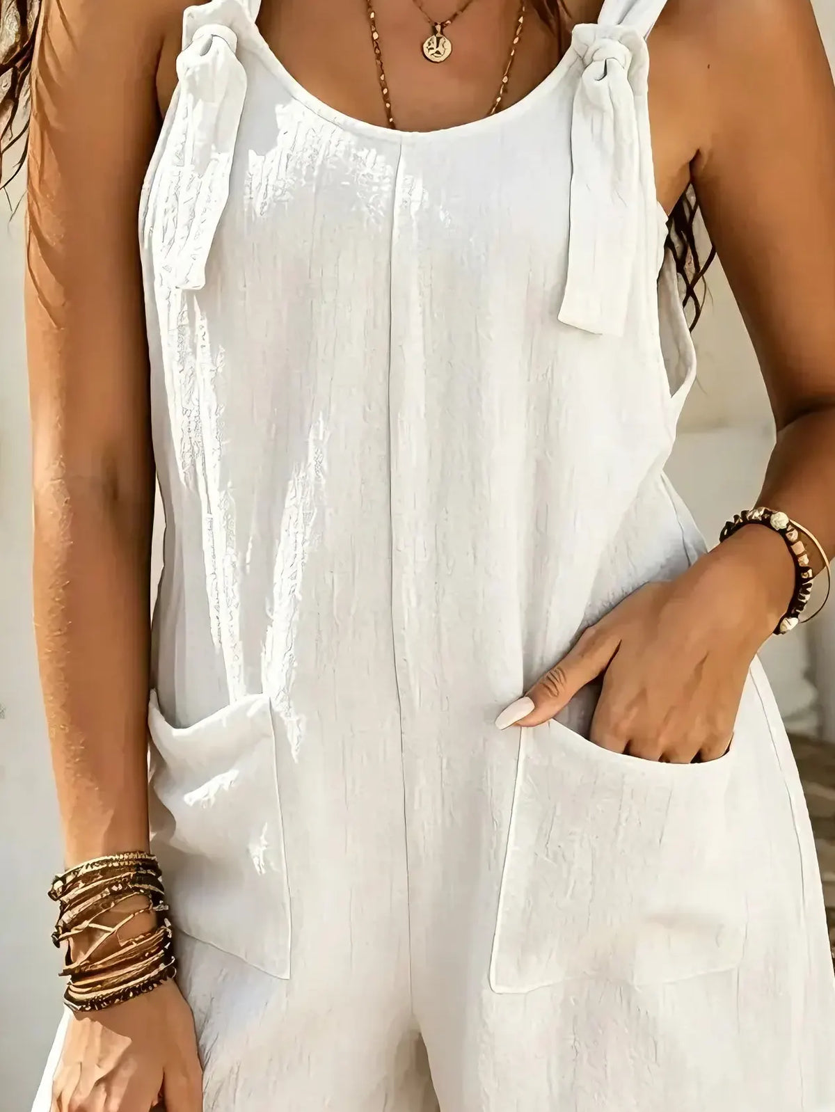 Women's Solid Tie Strap Big Pocket Sleeveless Linen Short Overalls