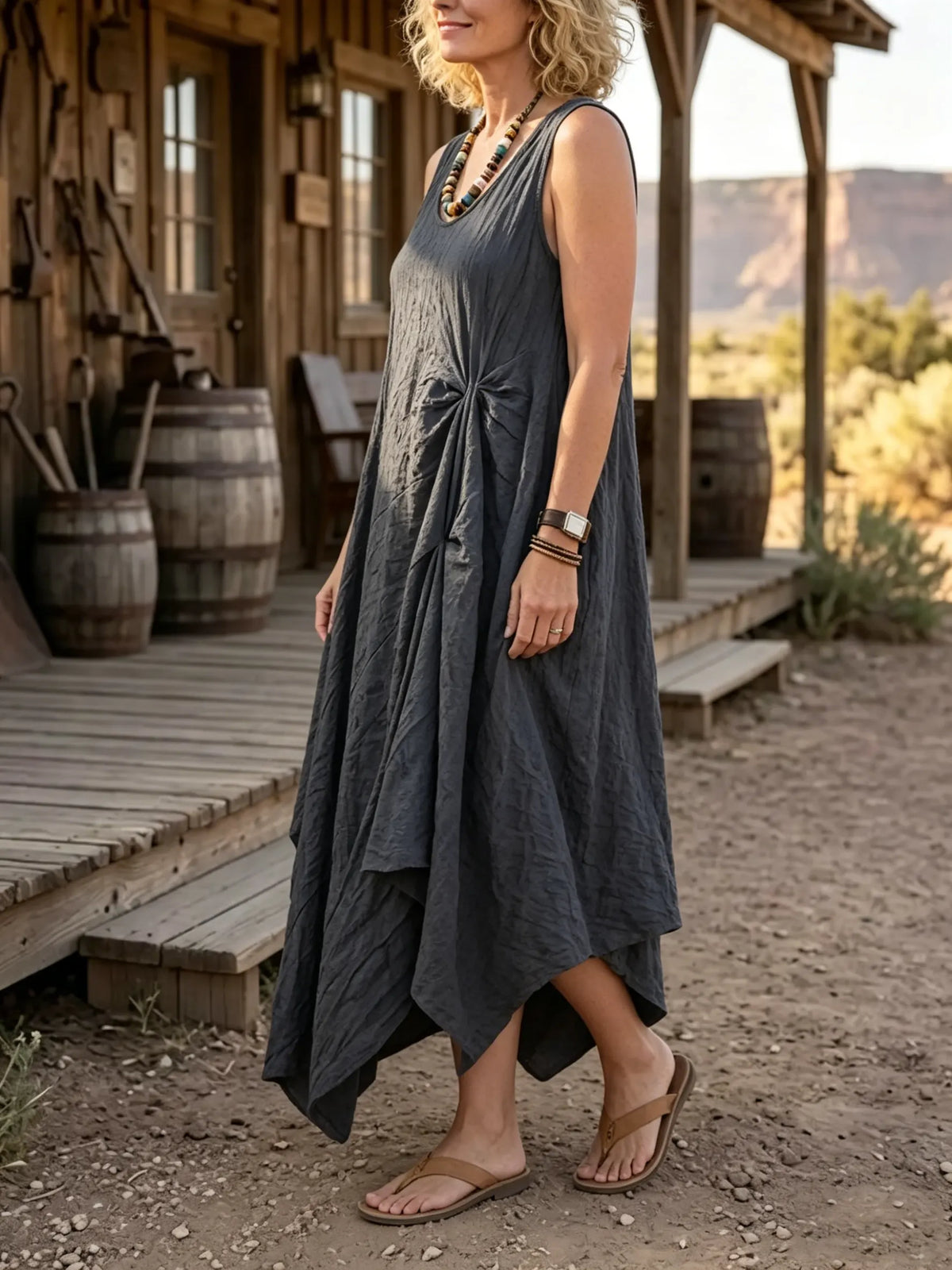 Women's Solid Twist Detail Asymmetric Sleeveless Pocket Dress