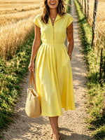Women’s Casual Vintage Cotton Short Sleeve V Neck Bottom Pocket Dress