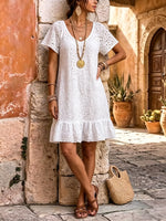 Women's White Eyelet Lace Ruffle Dress