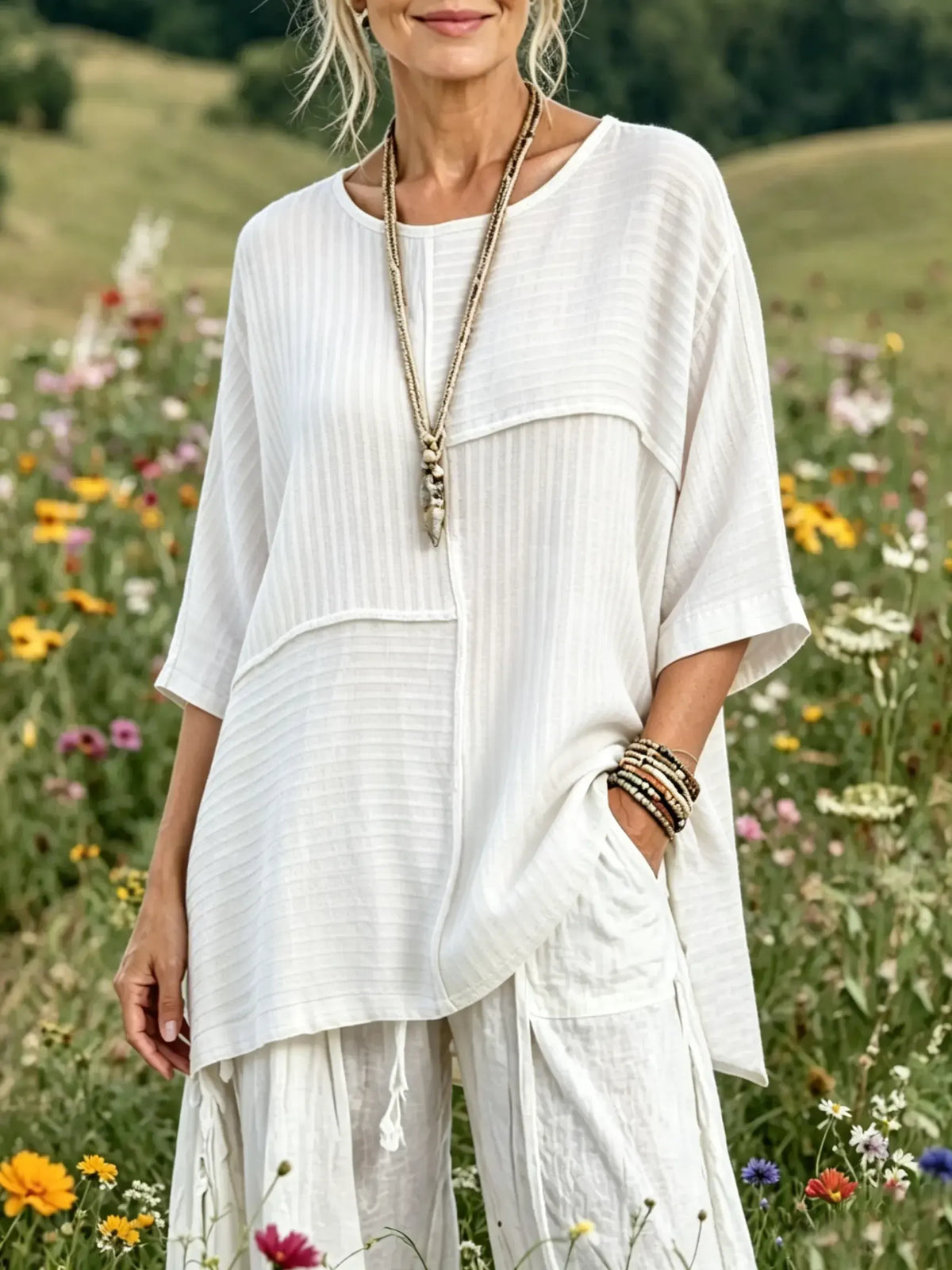 Women's Solid Vertical Stripe Patchwork Round Neck 3/4 Sleeve Oversized Linen Blouse