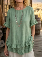 Women's Solid Linen Blend Ruffle Hem Short Sleeve Casual Blouse