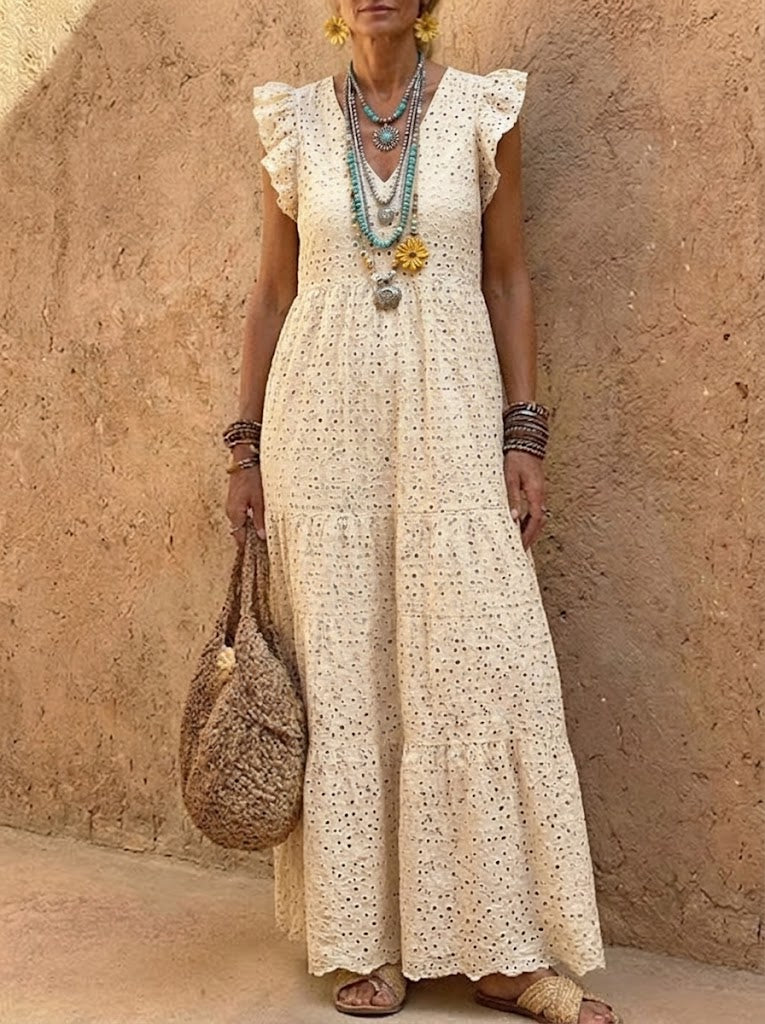 Women's Vintage Eyelet Ruffle Maxi Dress