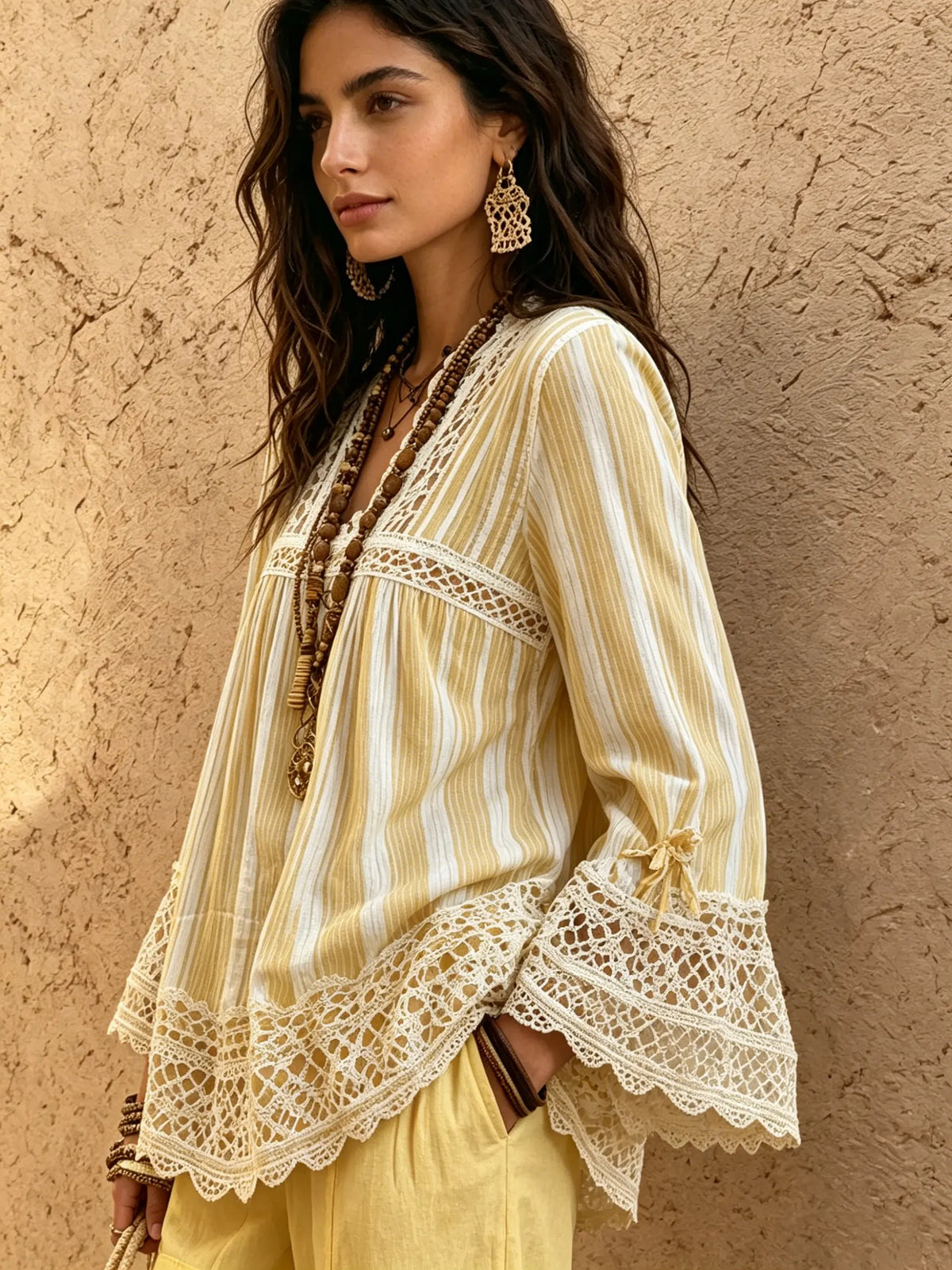 Women's Striped Lace-Trim Boho Tunic