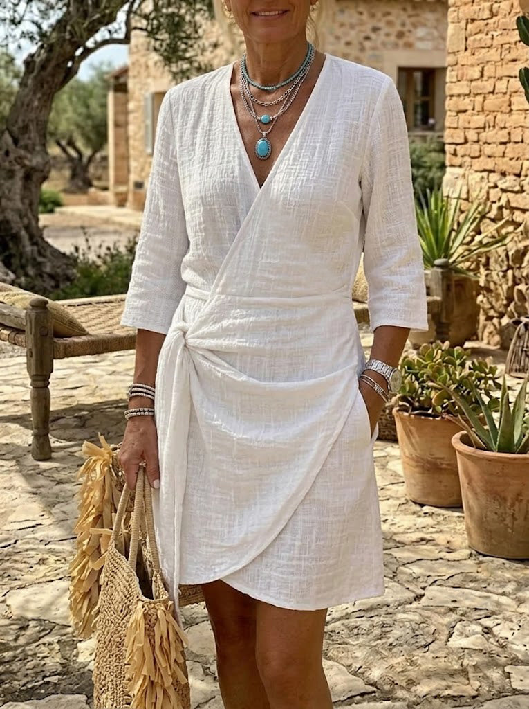 Women's White Textured Wrap Dress