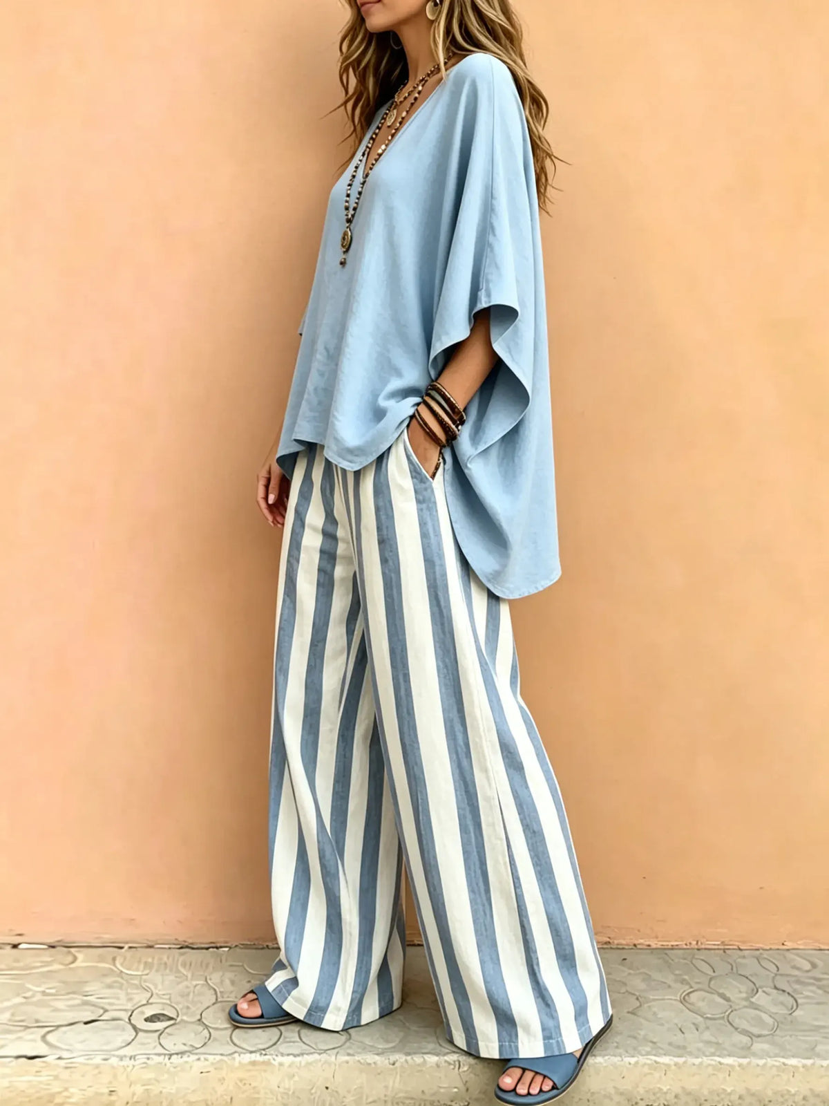 Women's Solid Loose V-Neck Top & Blue White Stripe Wide Leg Pants Set