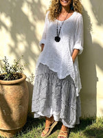 Women’s Two-piece Cotton Linen Outfit, Striped Midi Dress And Irregular Tunic Top