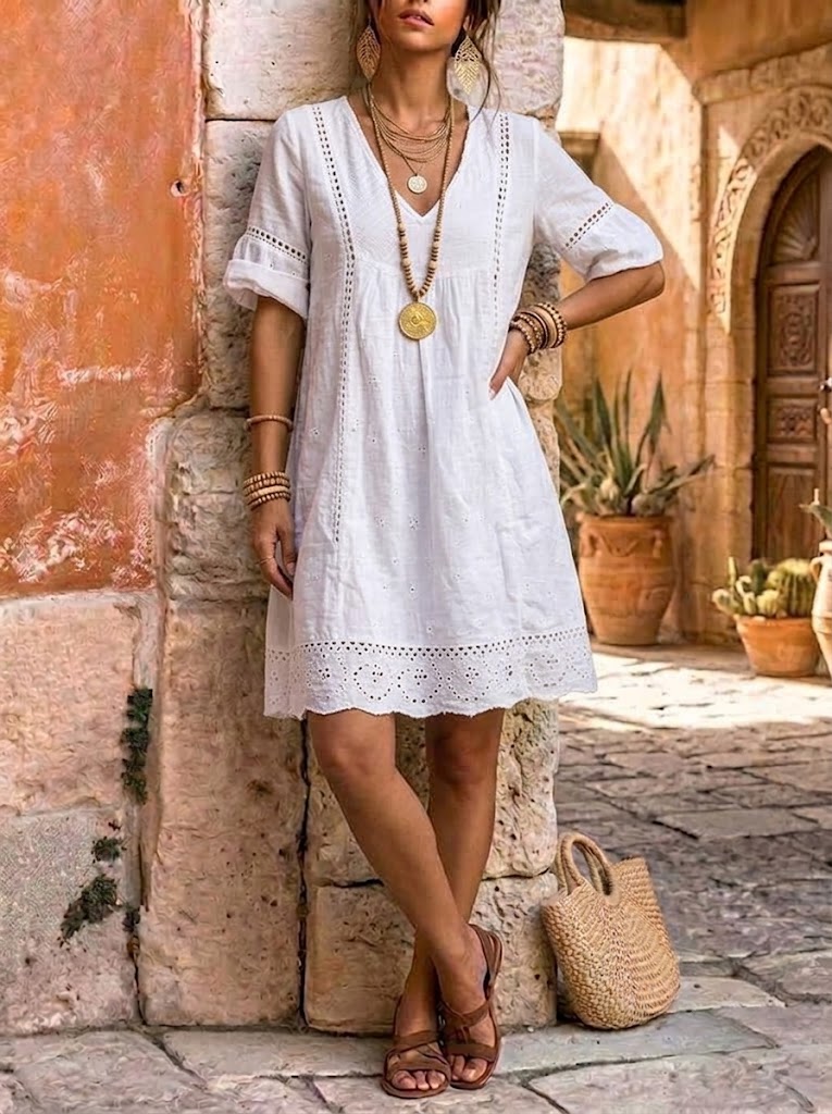 Women's White Eyelet Lace Tunic Dress