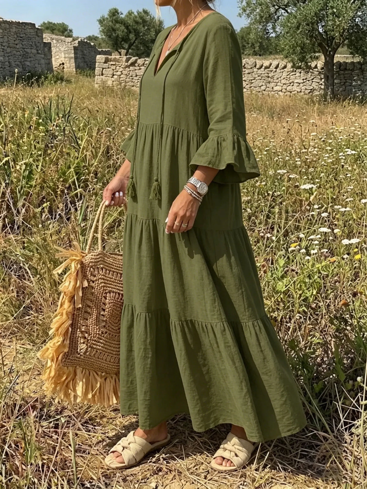 Rustic Meadow Olive Linen Tiered Maxi Dress