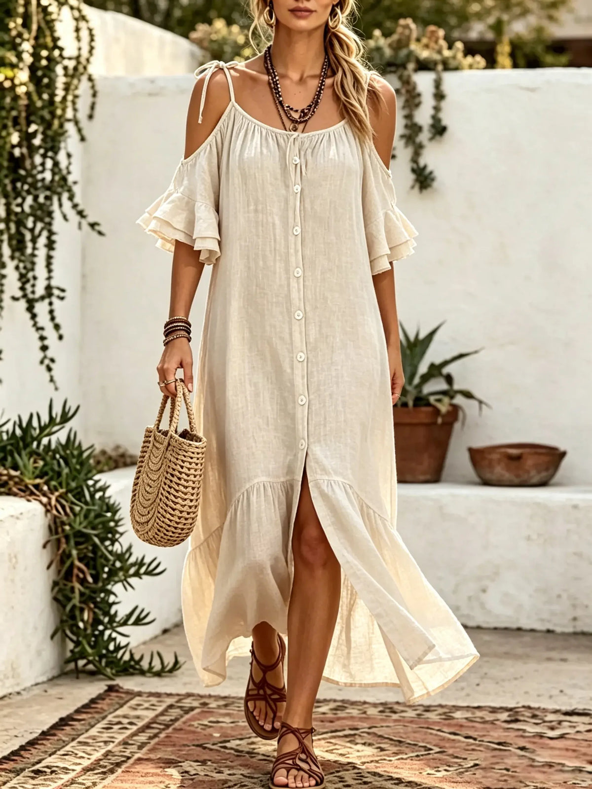 Women Solid Tie Cold Shoulder Button Front Split Ruffle Maxi Dress