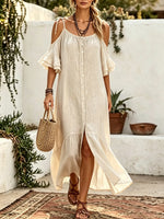 Women Solid Tie Cold Shoulder Button Front Split Ruffle Maxi Dress