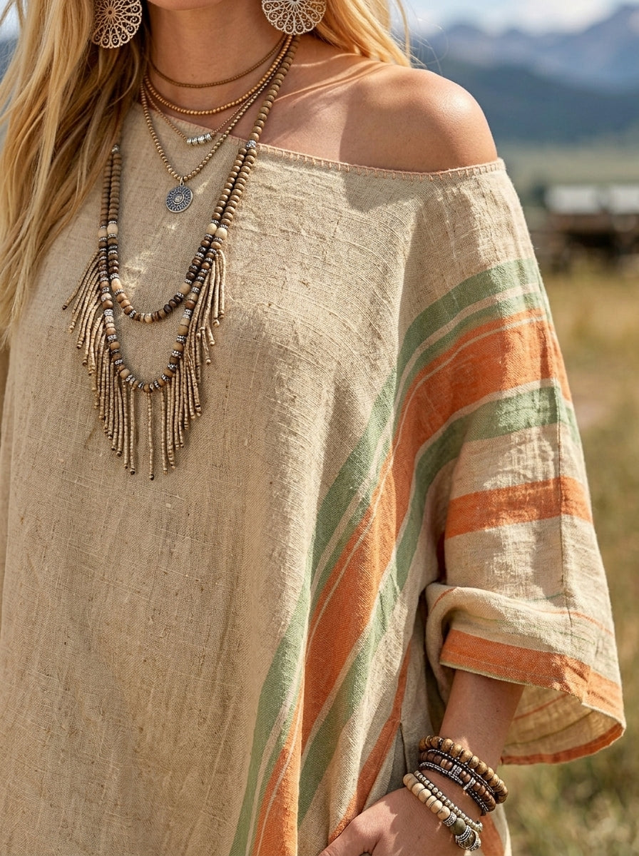 Women's Off Shoulder Diagonal Stripe Side Slit Loose Linen Maxi Kaftan Dress