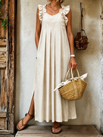 Women's Ruffle Strap Pleated Linen Midi Dress With Pockets