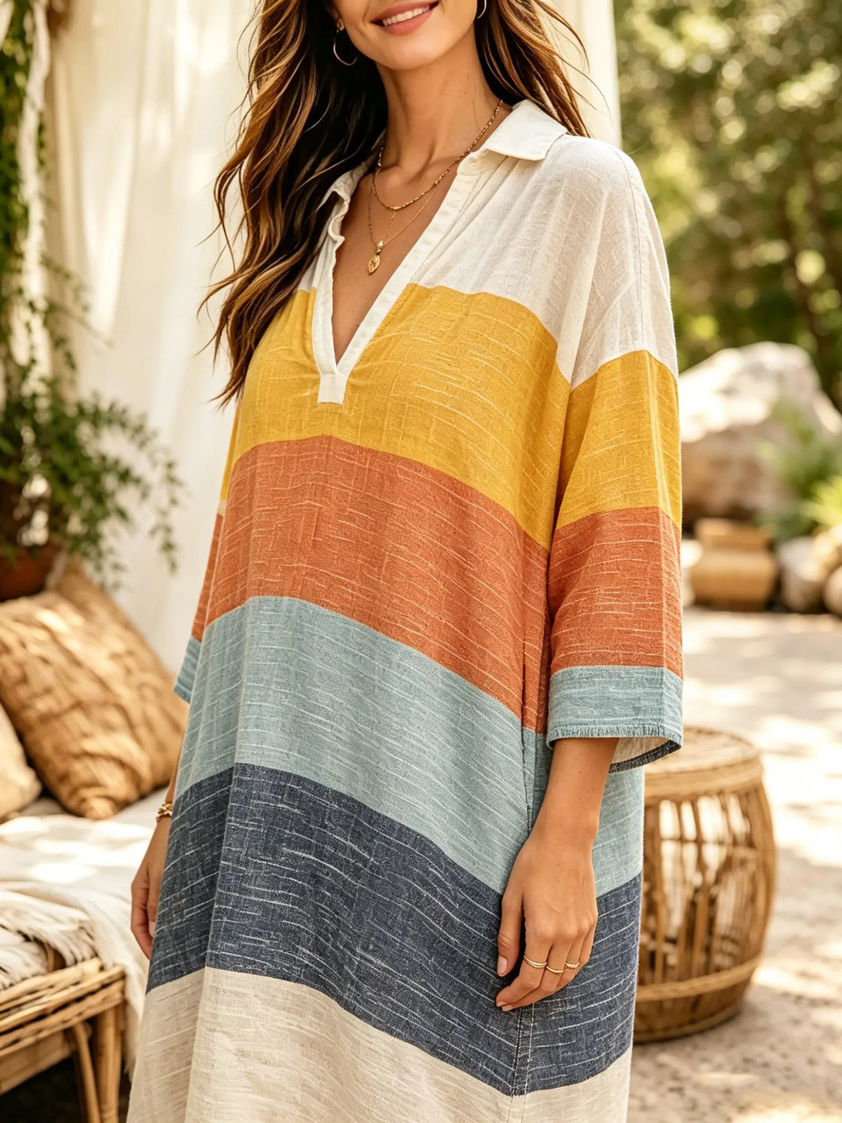 Women's Vintage Color Block Horizontal Stripe Print Collar 3/4 Sleeve Mini Dress