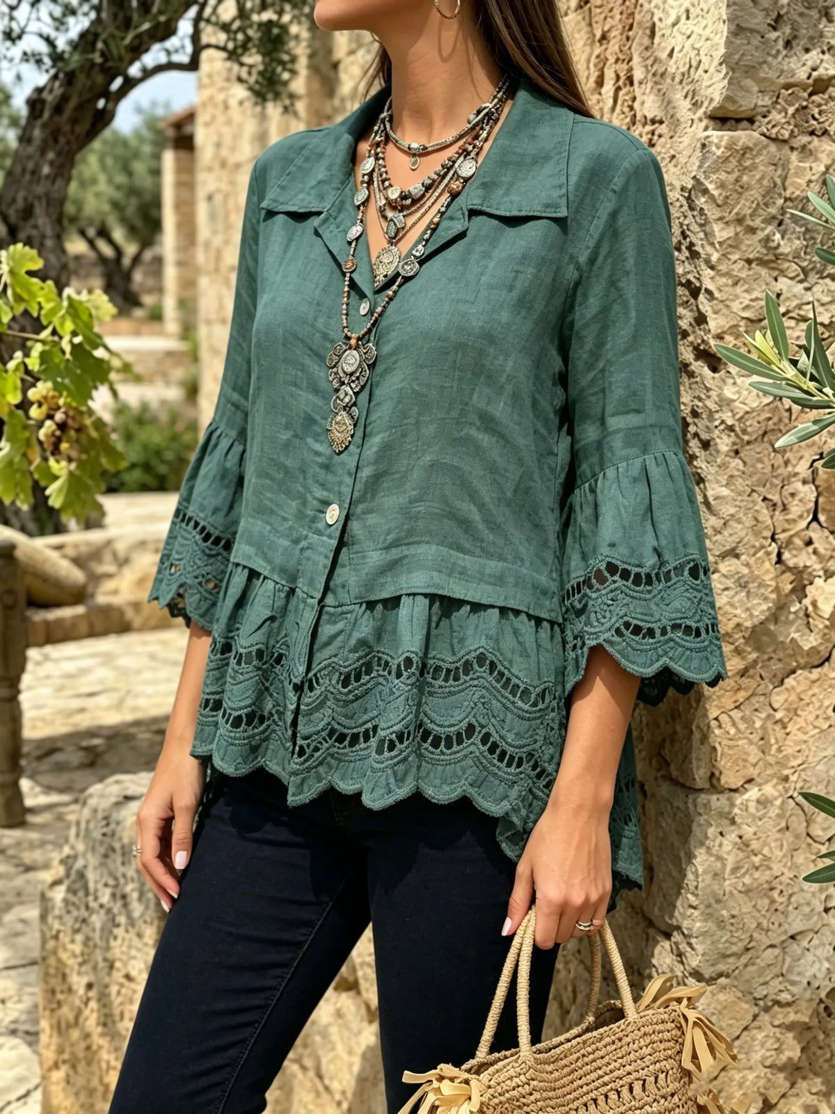 Women's Dark Green Eyelet Peplum Shirt