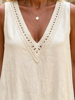 Bohemian Eyelet Sleeveless V Neck Linen Maxi Dress