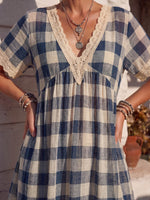 Vintage Art Comfortable Summer Fabrics Cotton Linen Contrasting Plaid Dress