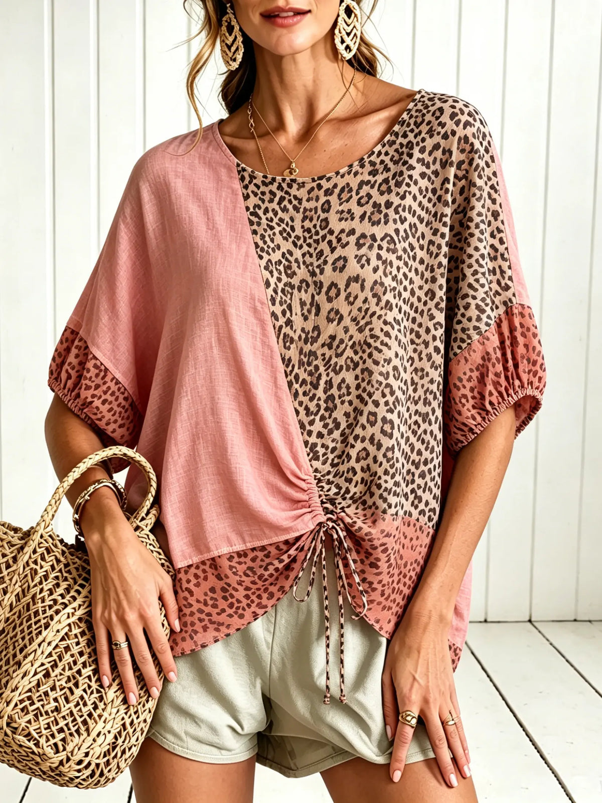 Women Pink Leopard Color Block Drawstring Hem Short Sleeve Top