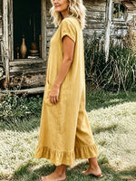 Women’s Summer Cotton And Linen Casual Short Sleeve Cotton And Linen Pocket Jumpsuit