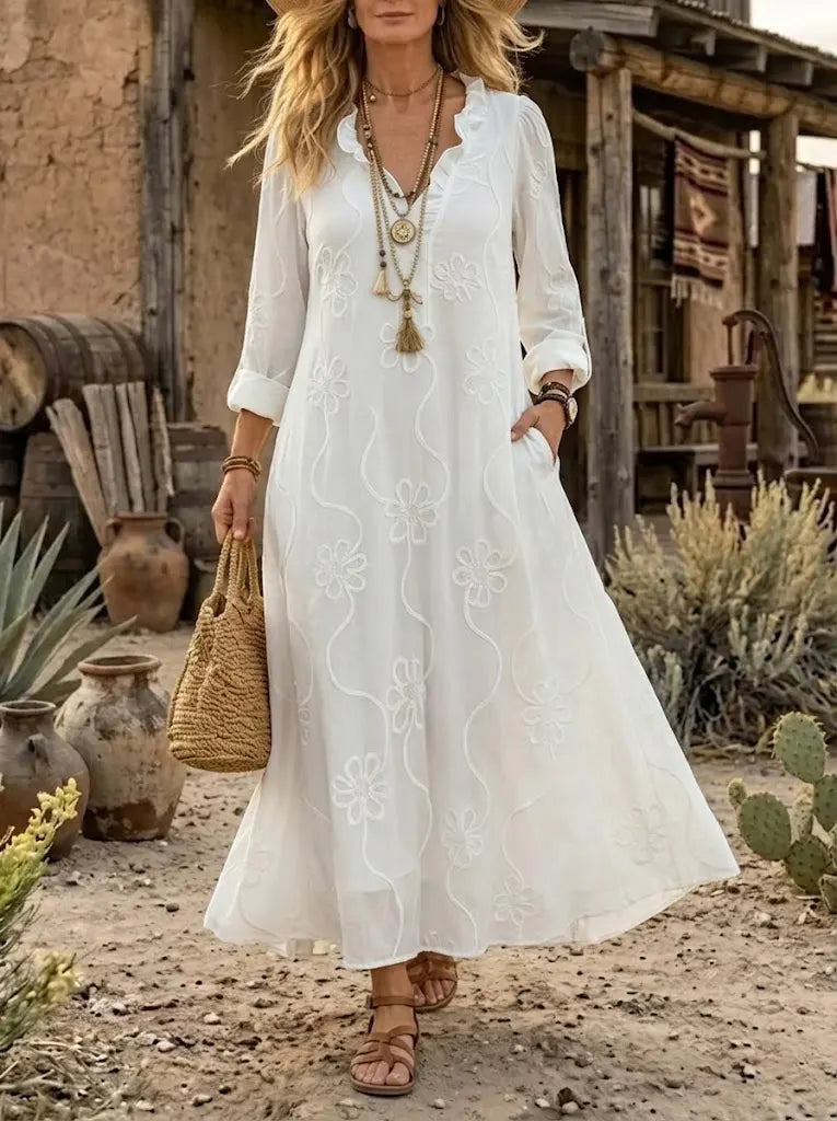 Desert Bloom Embroidered V-Neck Maxi Dress