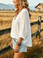 Women's Solid Ruffle Lace-Up V-Neck Puff 3/4 Sleeve Casual Top