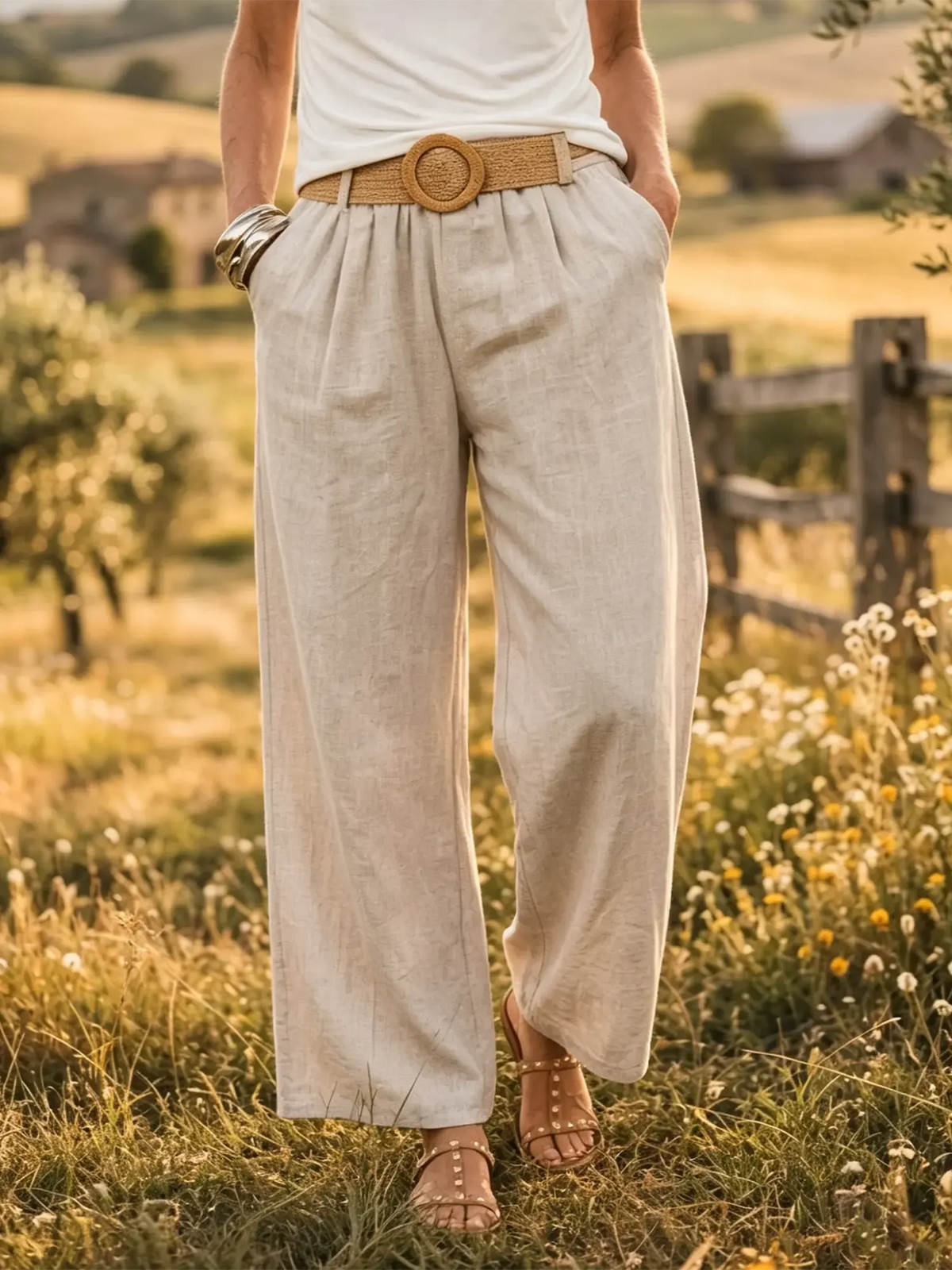 Women's Solid Linen-Blend Elastic Waist Wide Leg Trousers