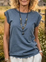 Women's Solid Crew Neck Cap Sleeve Cotton Knit Top