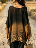 Women's Ombre Leopard Print Chiffon Batwing Sleeve Tunic Top