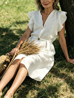 Women’s Casual Cotton V Neck Ruffled Sleeve Pocket Dress