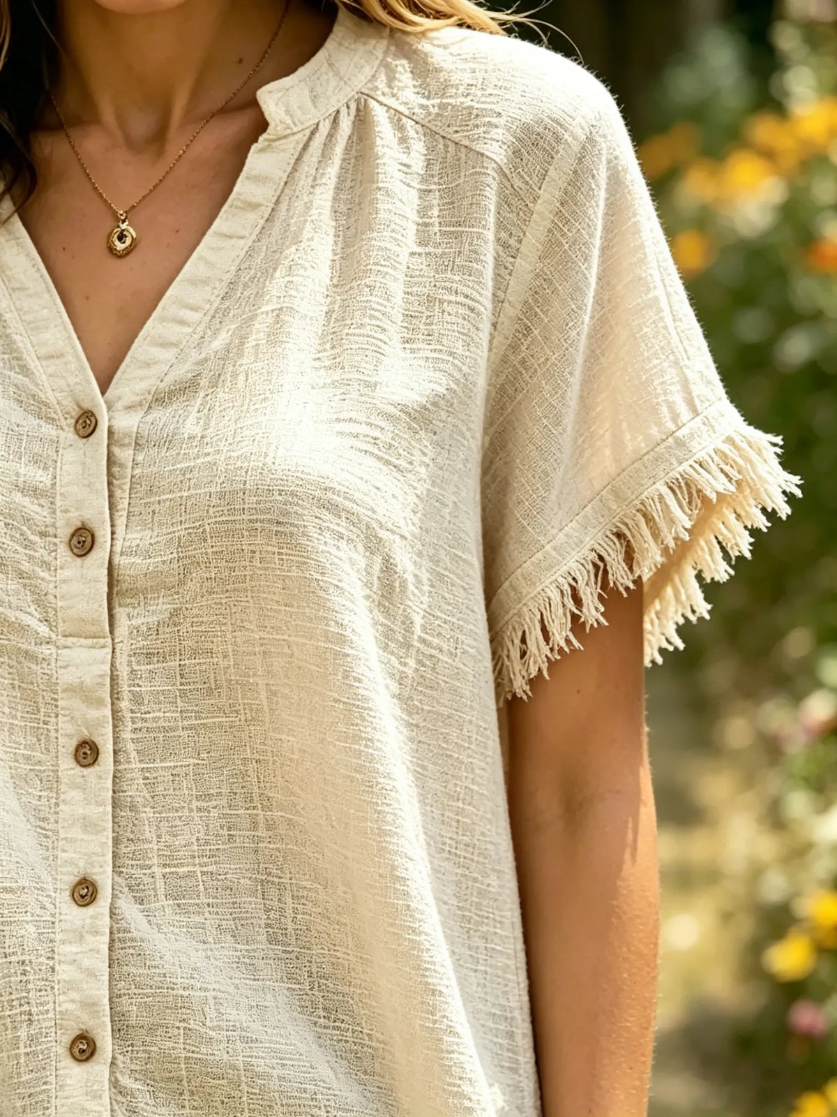 Women's Solid Textured Fringe Trim Short Sleeve V Neck Button Loose Top